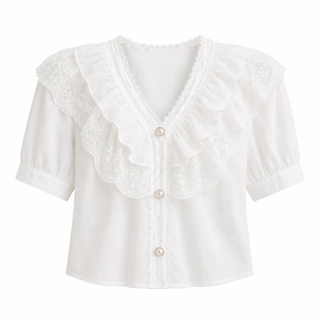 A white short-sleeve blouse with a large ruffled lace collar, button-front closure, and pearl-like buttons, shown on a plain white background.