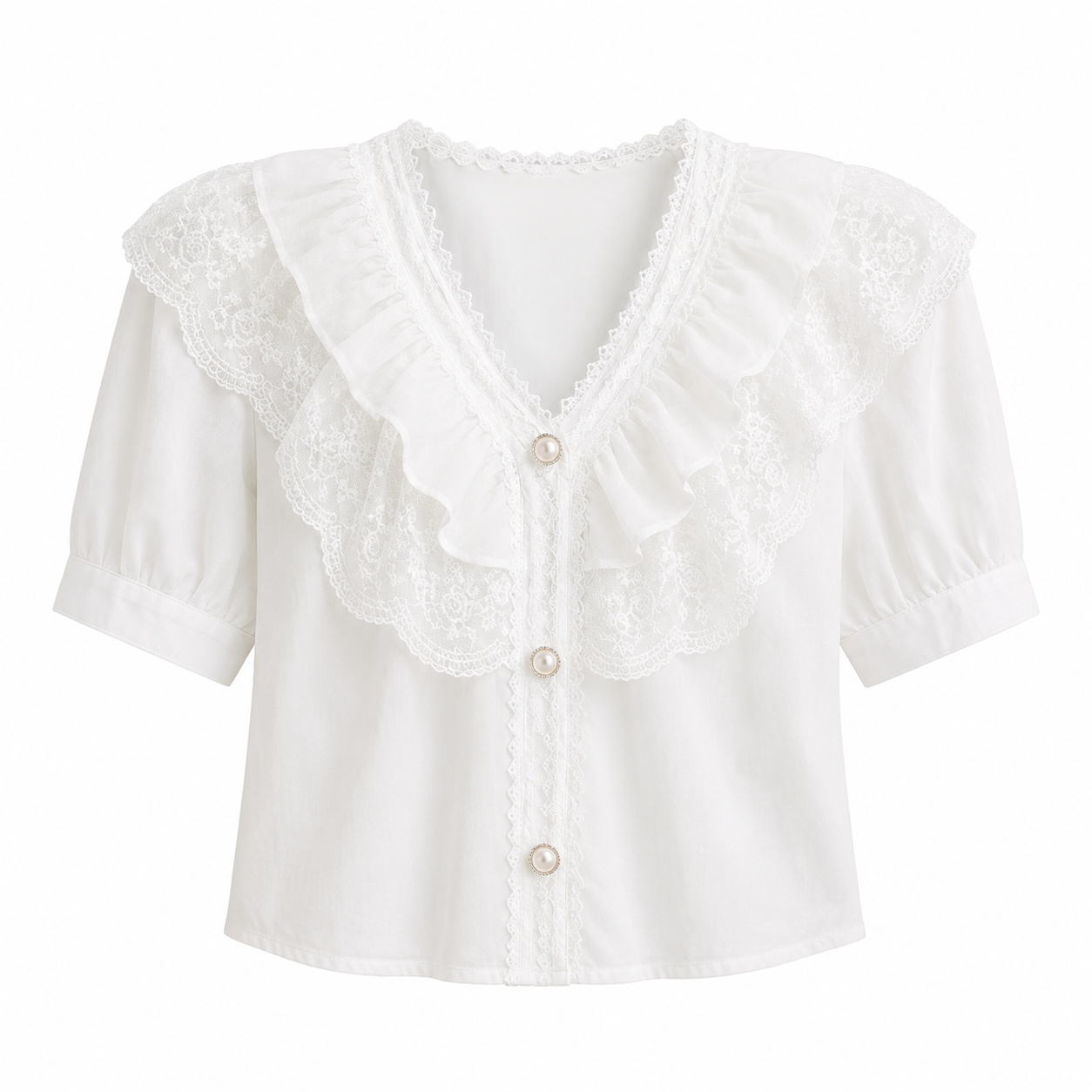A white short-sleeve blouse with a large ruffled lace collar, button-front closure, and pearl-like buttons, shown on a plain white background.