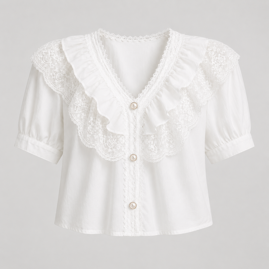 White short-sleeve blouse with a large ruffled lace collar, puff sleeves, and decorative buttons on a light gray background.