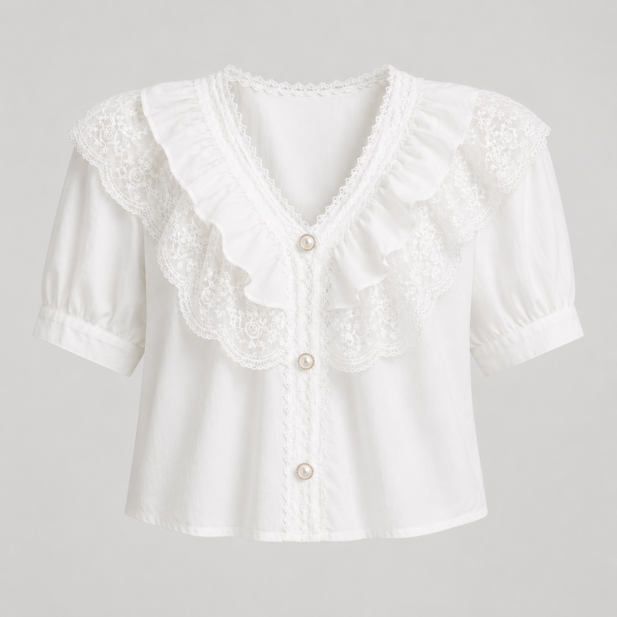 White short-sleeve blouse with a large ruffled lace collar, puff sleeves, and decorative buttons on a light gray background.