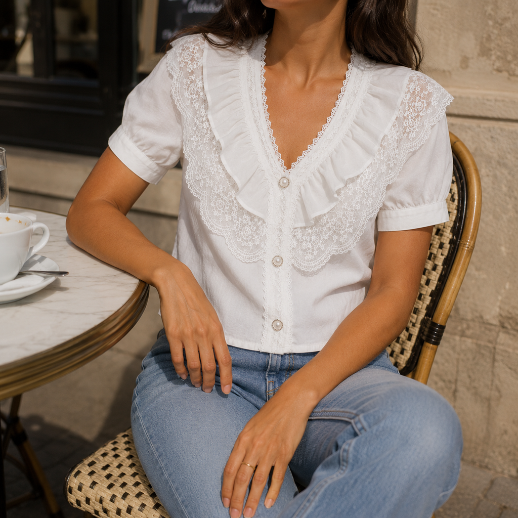 A woman wearing a white short-sleeve blouse with lace ruffle trim and button details, paired with light blue jeans, seated in a wicker chair at a cafe table.