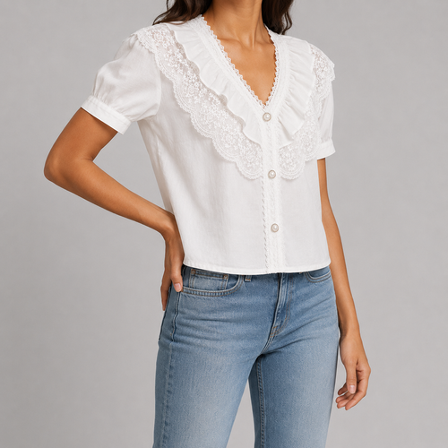 A woman wearing a white short-sleeve blouse with a ruffled lace V-neckline and button front, paired with light blue jeans, against a plain gray studio background.