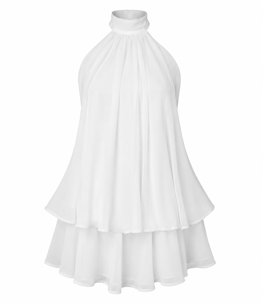 A white sleeveless high-neck dress with a gathered, pleated bodice and layered ruffle skirt, shown against a plain white background.