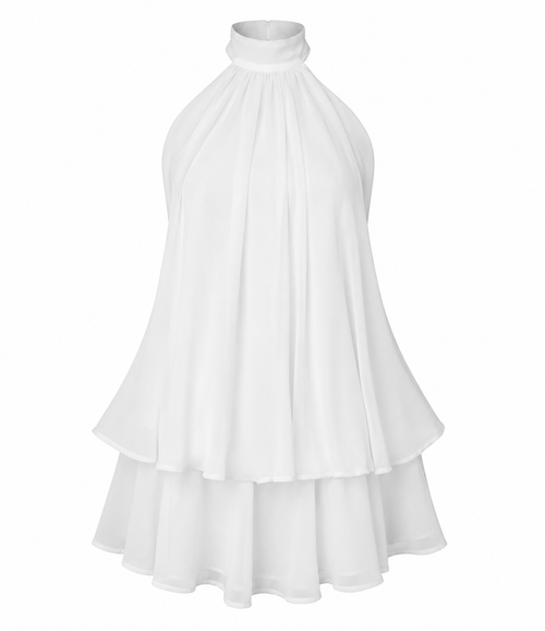 A white sleeveless high-neck dress with a gathered, pleated bodice and layered ruffle skirt, shown against a plain white background.