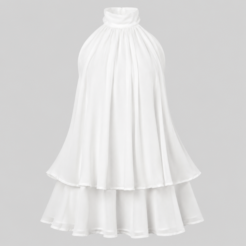 A white high-neck, tiered chiffon dress displayed on a ghost mannequin against a solid gray background.
