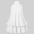 A white high-neck, tiered chiffon dress displayed on a ghost mannequin against a solid gray background.
