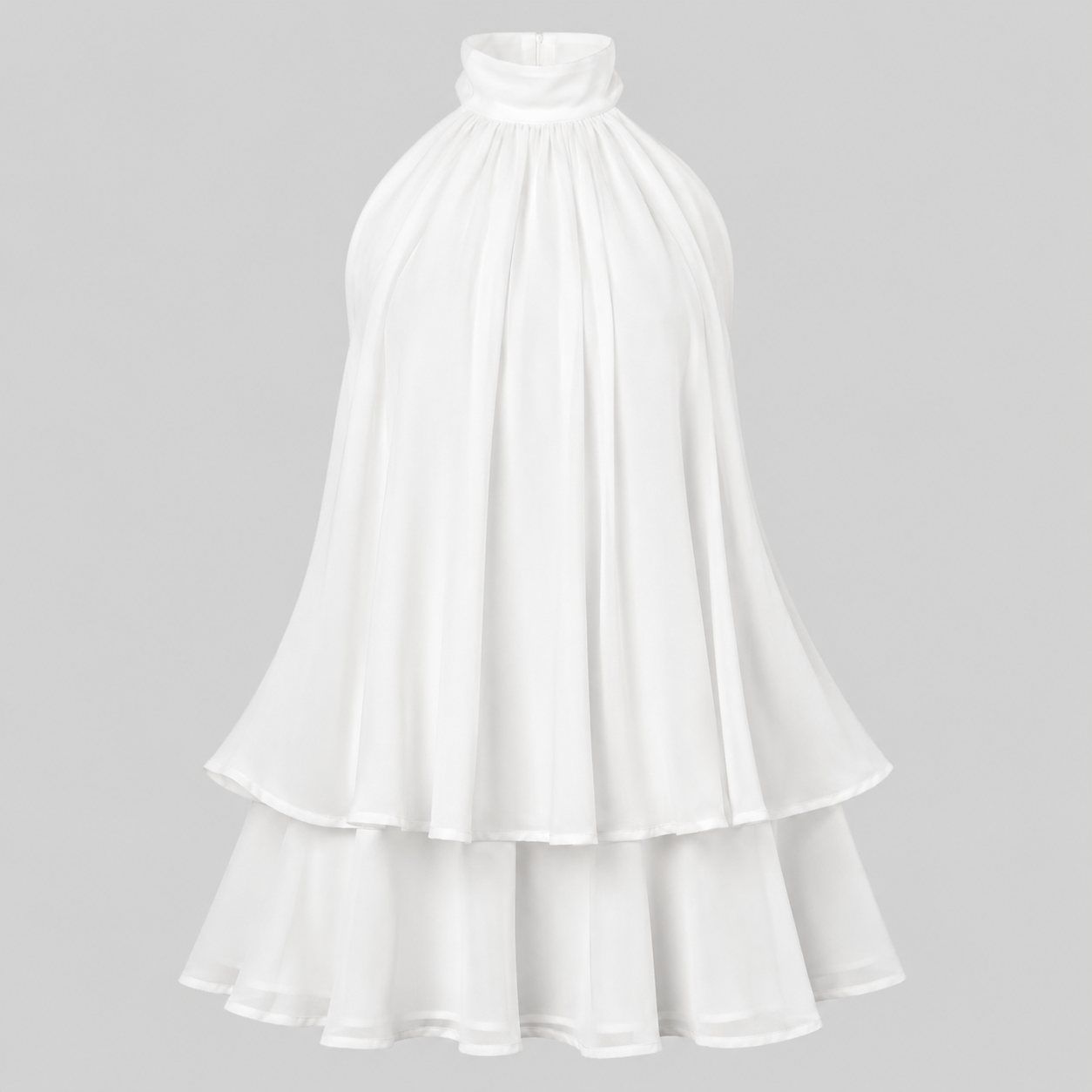 A white high-neck, tiered chiffon dress displayed on a ghost mannequin against a solid gray background.