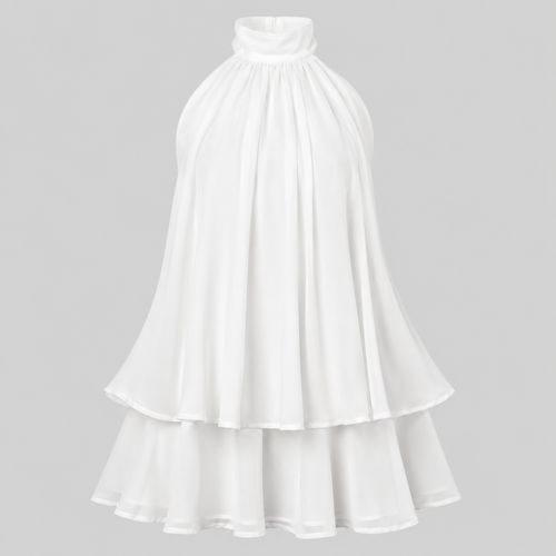A white high-neck, tiered chiffon dress displayed on a ghost mannequin against a solid gray background.