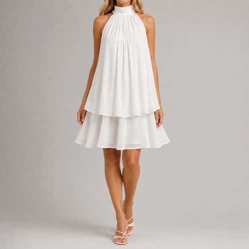 A woman modeling a sleeveless white halter-neck dress with a tiered, ruffled skirt against a plain light gray studio background.