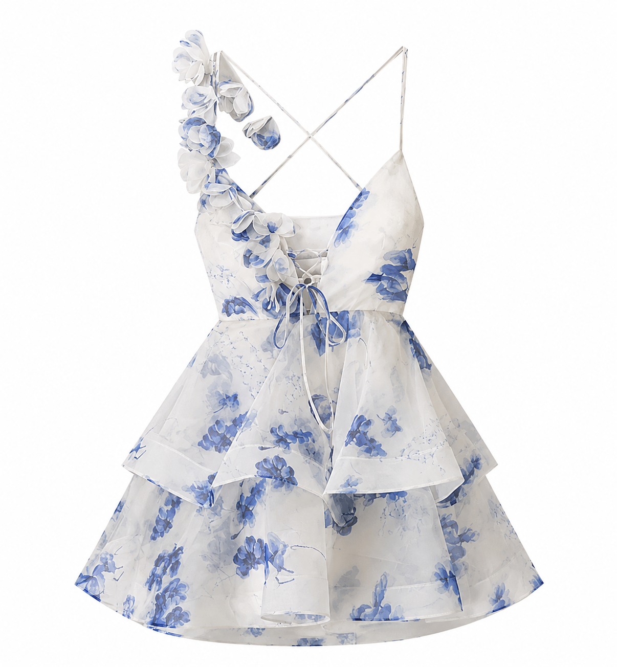 White sleeveless ruffled dress with a blue floral print, featuring thin straps, a lace-up front, and a tiered skirt.