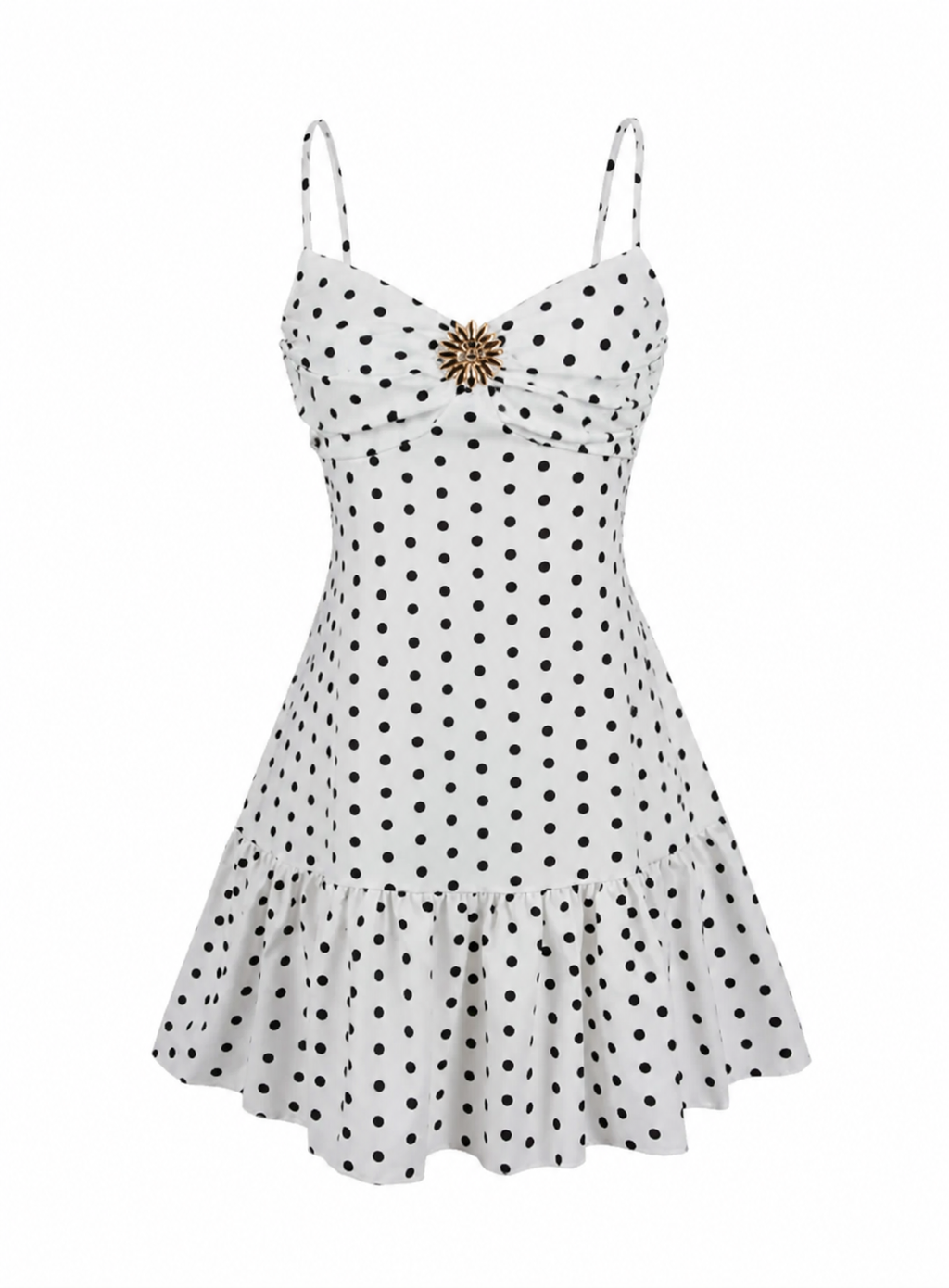White spaghetti-strap mini dress with black polka dots and a gold starburst brooch at the bust, shown on a plain white background.