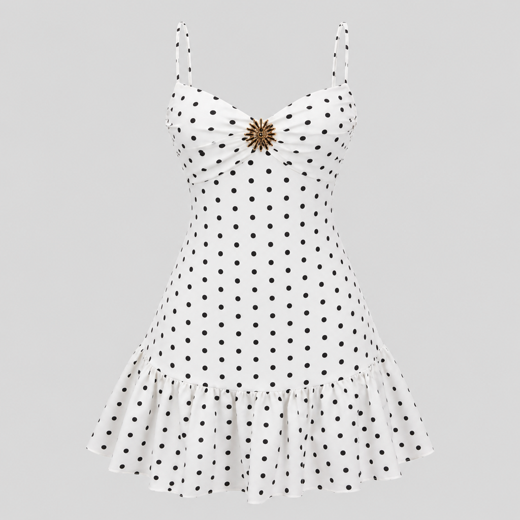 White sleeveless dress with black polka dots, spaghetti straps, a sweetheart neckline, and a ruffled hem, featuring a decorative gold-toned brooch at the center bust, shown on a solid gray background.