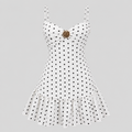 White sleeveless dress with black polka dots, spaghetti straps, a sweetheart neckline, and a ruffled hem, featuring a decorative gold-toned brooch at the center bust, shown on a solid gray background.