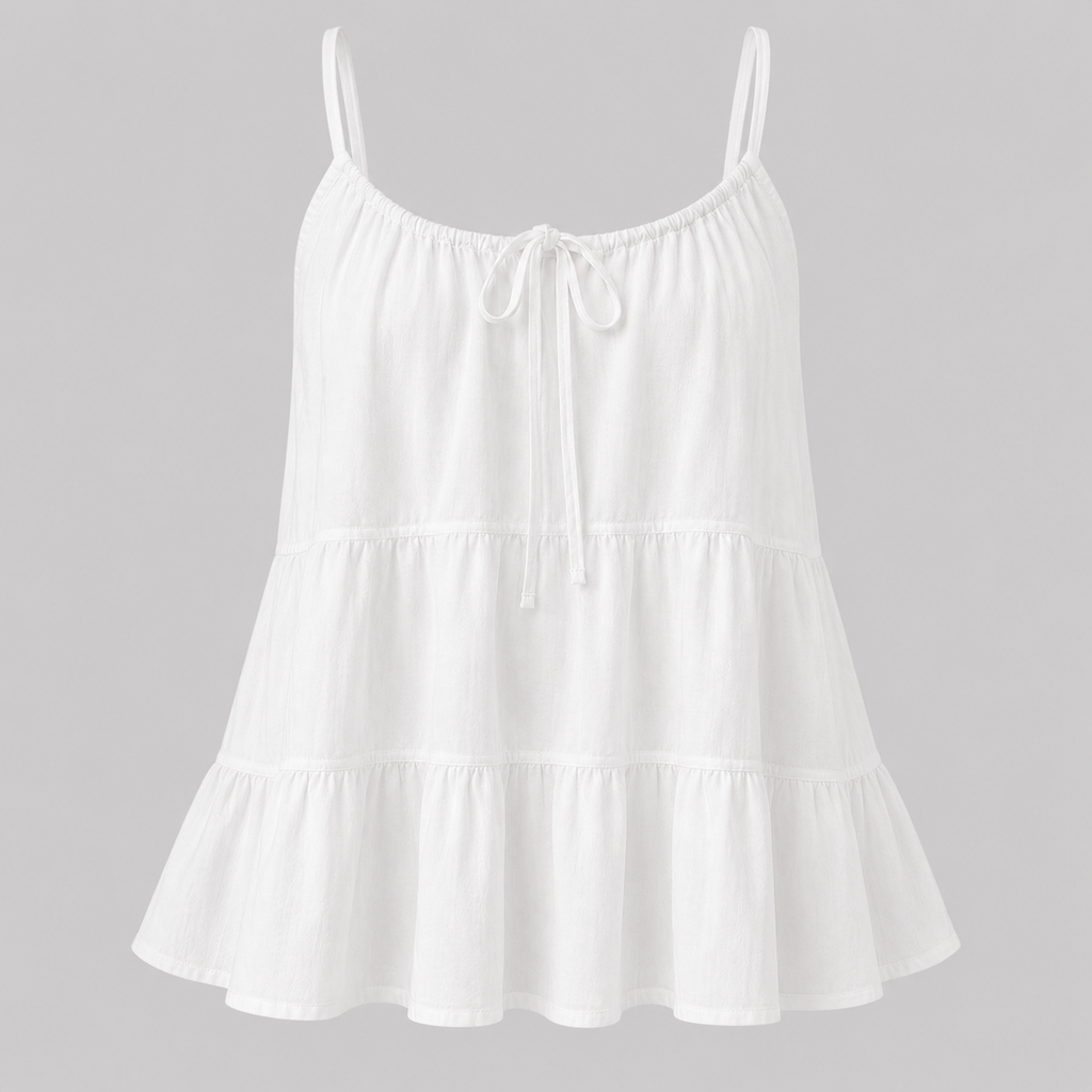 White tiered cami top with adjustable spaghetti straps and front tie detail, front view