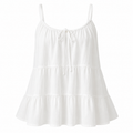 A white tiered cotton camisole top with thin shoulder straps and a small front tie, shown against a plain white background.