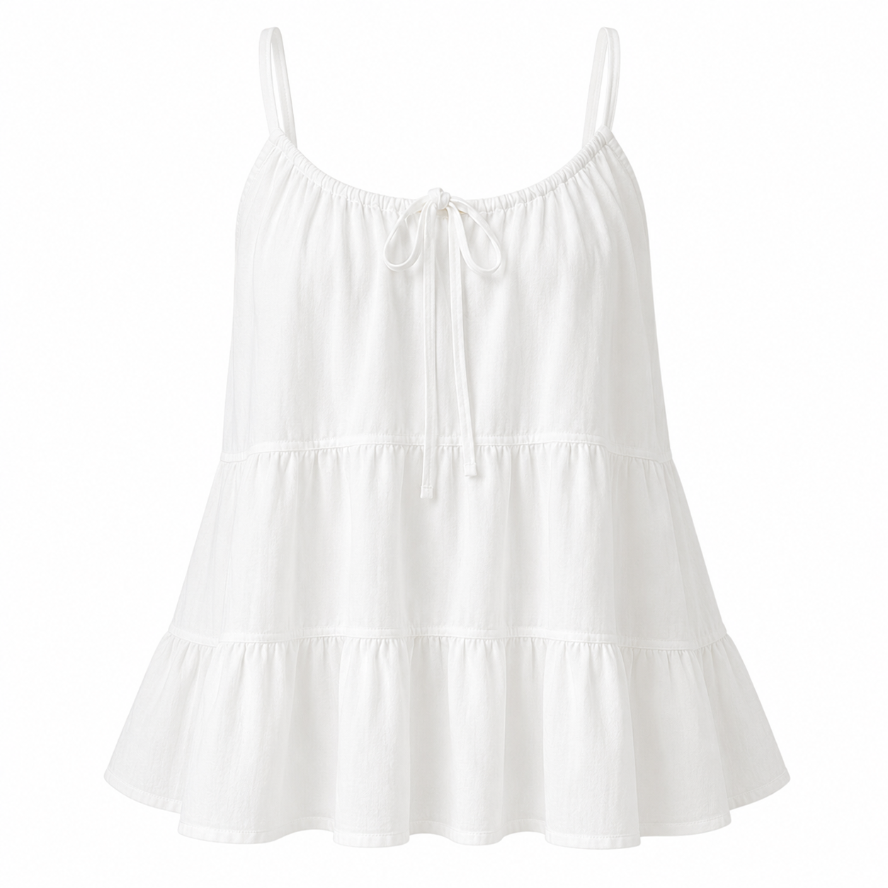 A white tiered cotton camisole top with thin shoulder straps and a small front tie, shown against a plain white background.