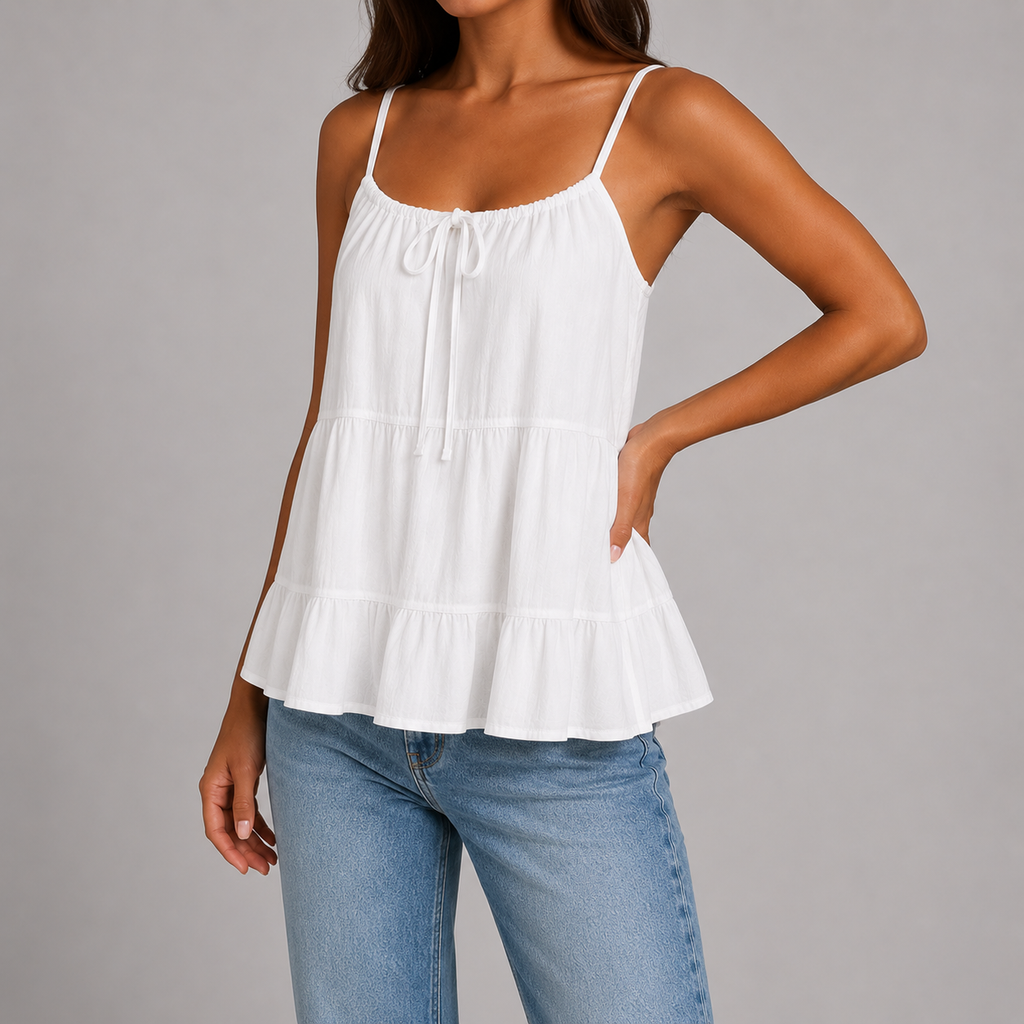 Woman wearing white tiered cami top with front tie detail, styled with blue jeans, front view