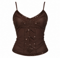 A dark brown spaghetti-strap camisole top with sequined lace-up detailing on the front,
