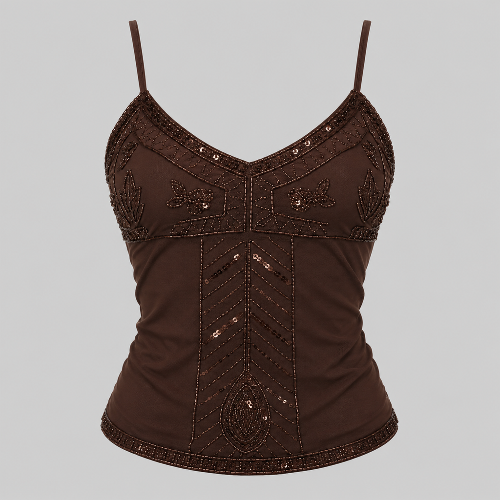 A dark brown spaghetti-strap camisole top with intricate beaded and sequined embroidery on the bust and center front, shown against a solid gray background.