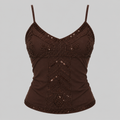 A dark brown spaghetti-strap camisole top with intricate beaded and sequined embroidery on the bust and center front, shown against a solid gray background.