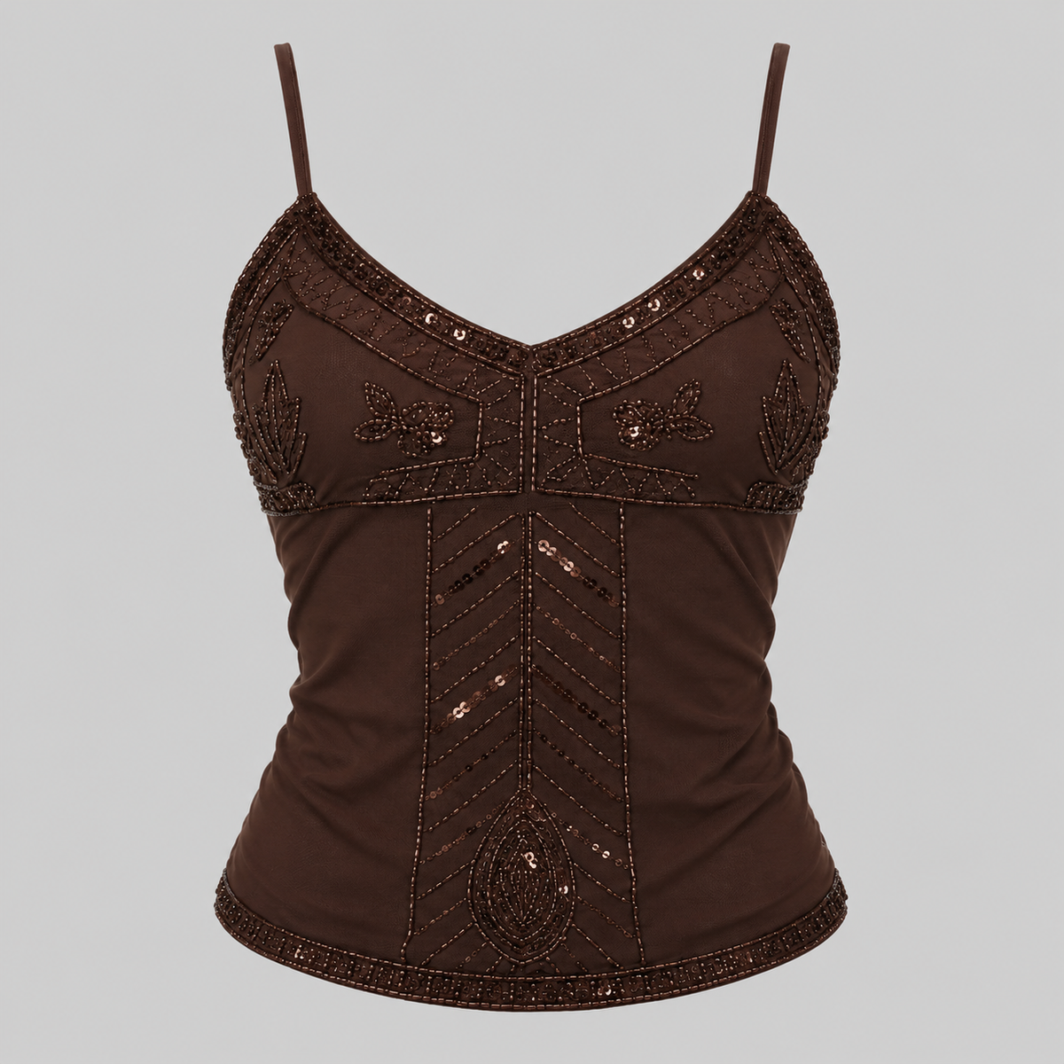 A dark brown spaghetti-strap camisole top with intricate beaded and sequined embroidery on the bust and center front, shown against a solid gray background.