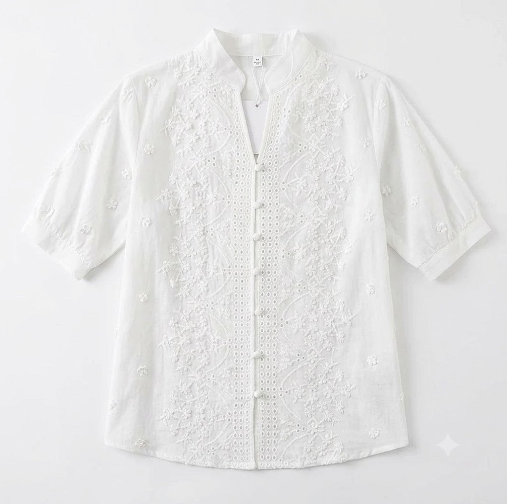 A white short-sleeve blouse with intricate floral eyelet embroidery and a button-down front, displayed flat against a white background.