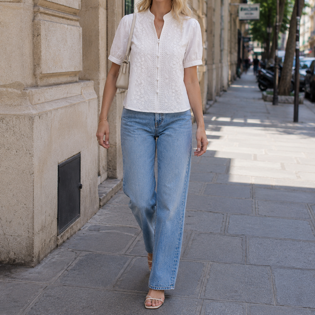 A woman walking on a city sidewalk wearing a white short-sleeve textured blouse and light blue wide-leg jeans.
