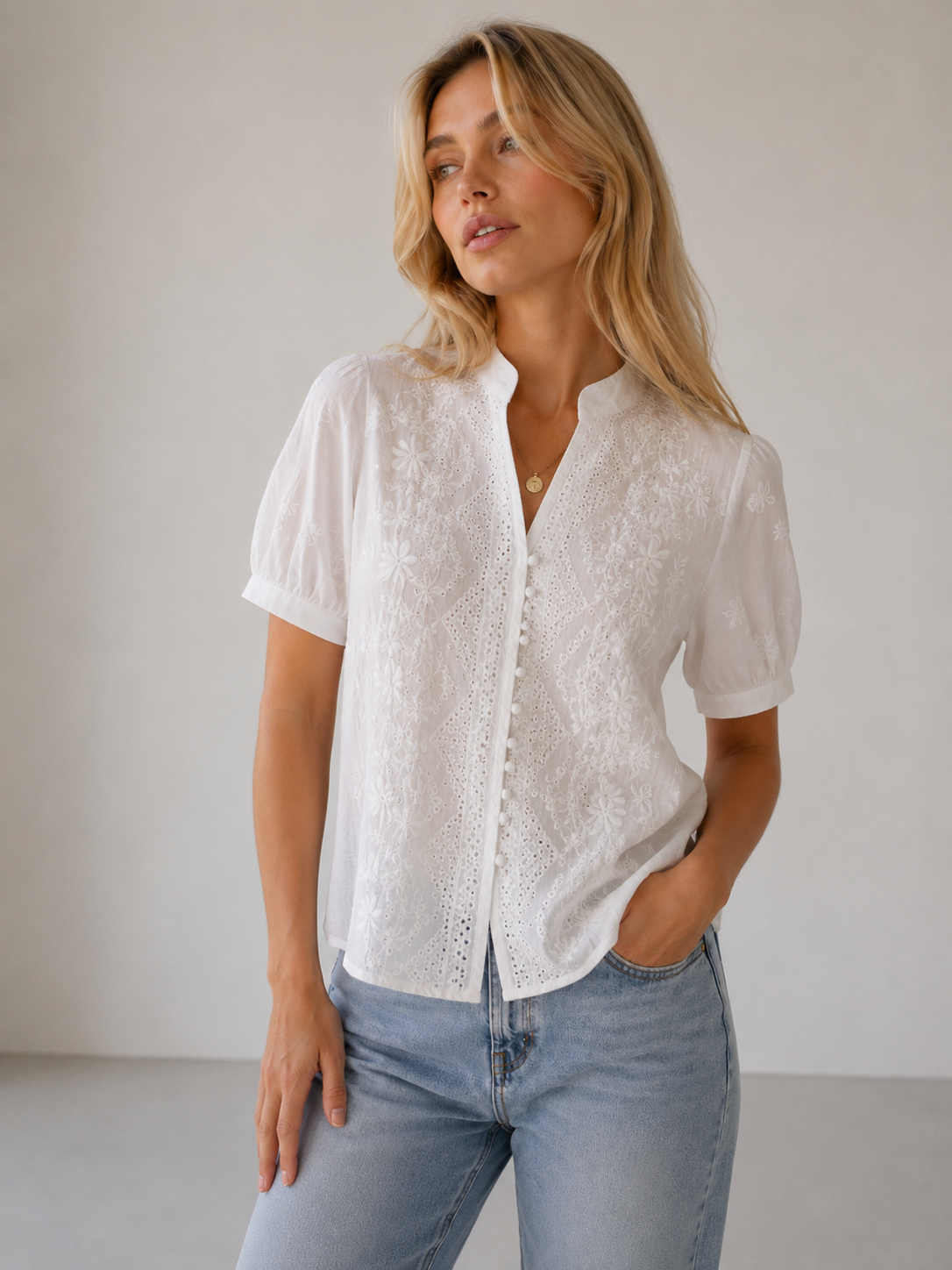 Fleur Broderie Eyelet Blouse, Women's, White