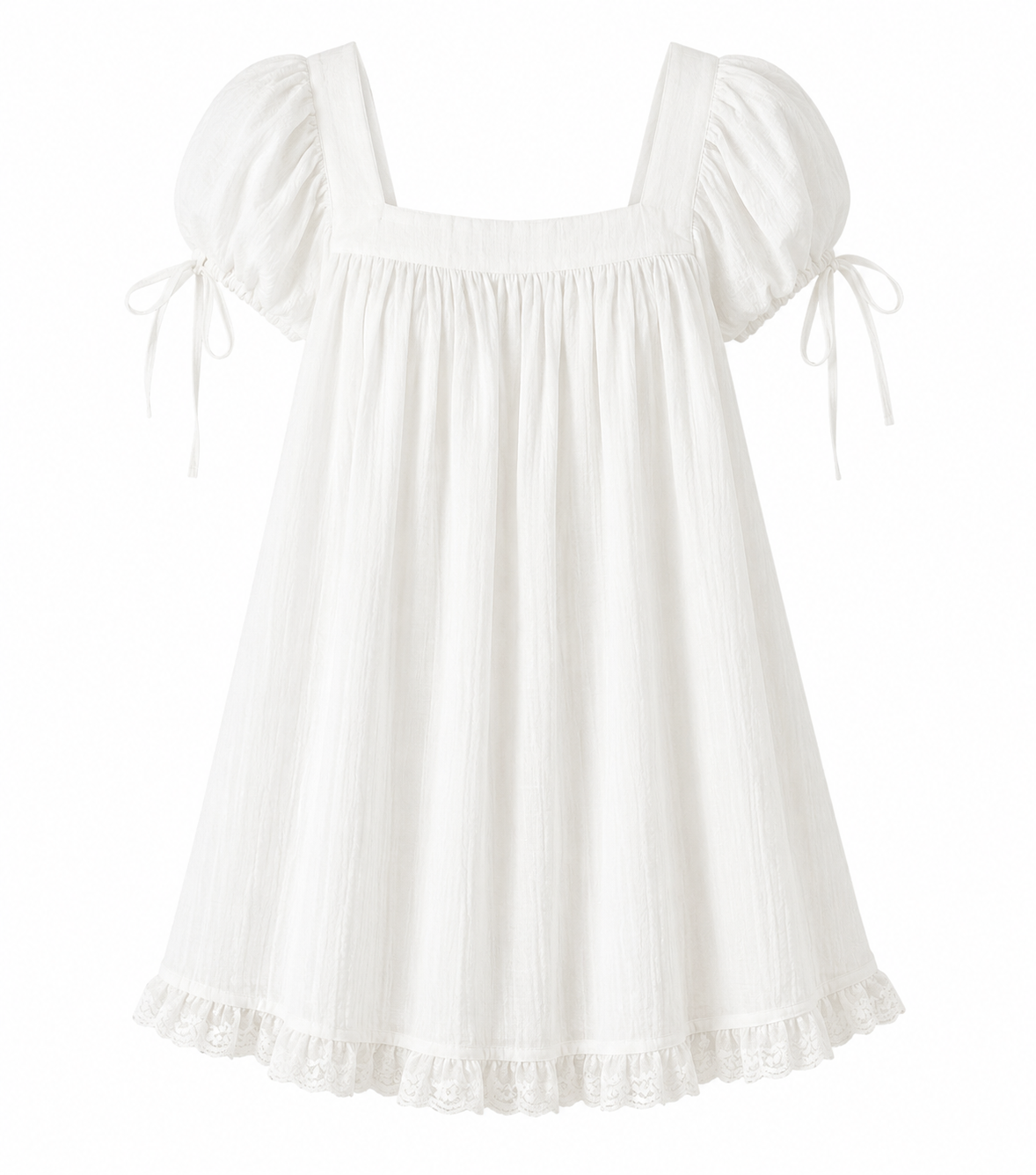 A white cotton gauze dress with puff sleeves, tie details on the sleeves, a square neckline, and a ruffled hem, shown against a plain white background.