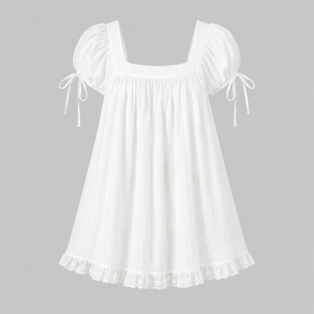 A white cotton dress with puff sleeves, tie details on the sleeves, a square neckline, and a ruffled lace hem, shown against a solid gray background.