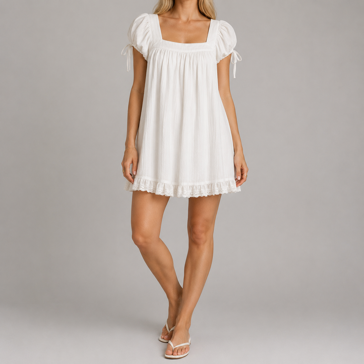 A woman modeling a white short puff-sleeve dress with a square neckline, ruffled trim, and tie details on the sleeves, photographed against a plain light gray studio background.