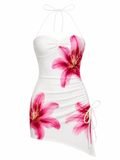 White halter neck bodycon dress with a pink lily floral print and side tie details, shown on a plain white background.