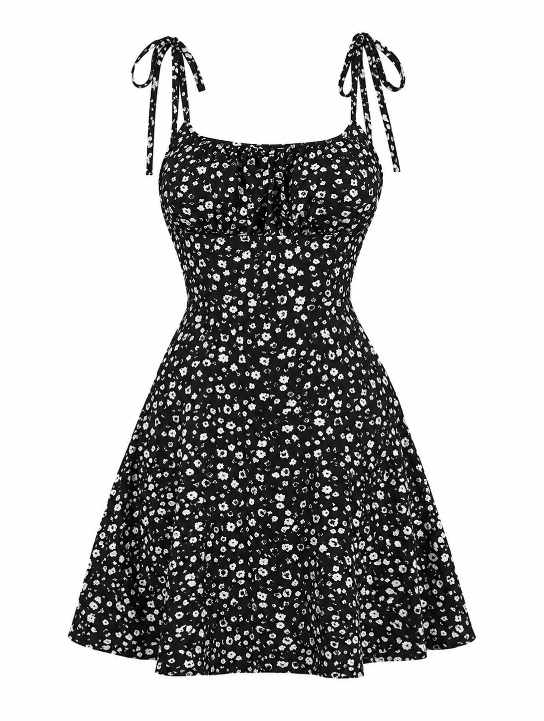 A black sleeveless mini dress with a white ditsy floral print, featuring thin shoulder ties and a flared skirt, shown against a plain white background.