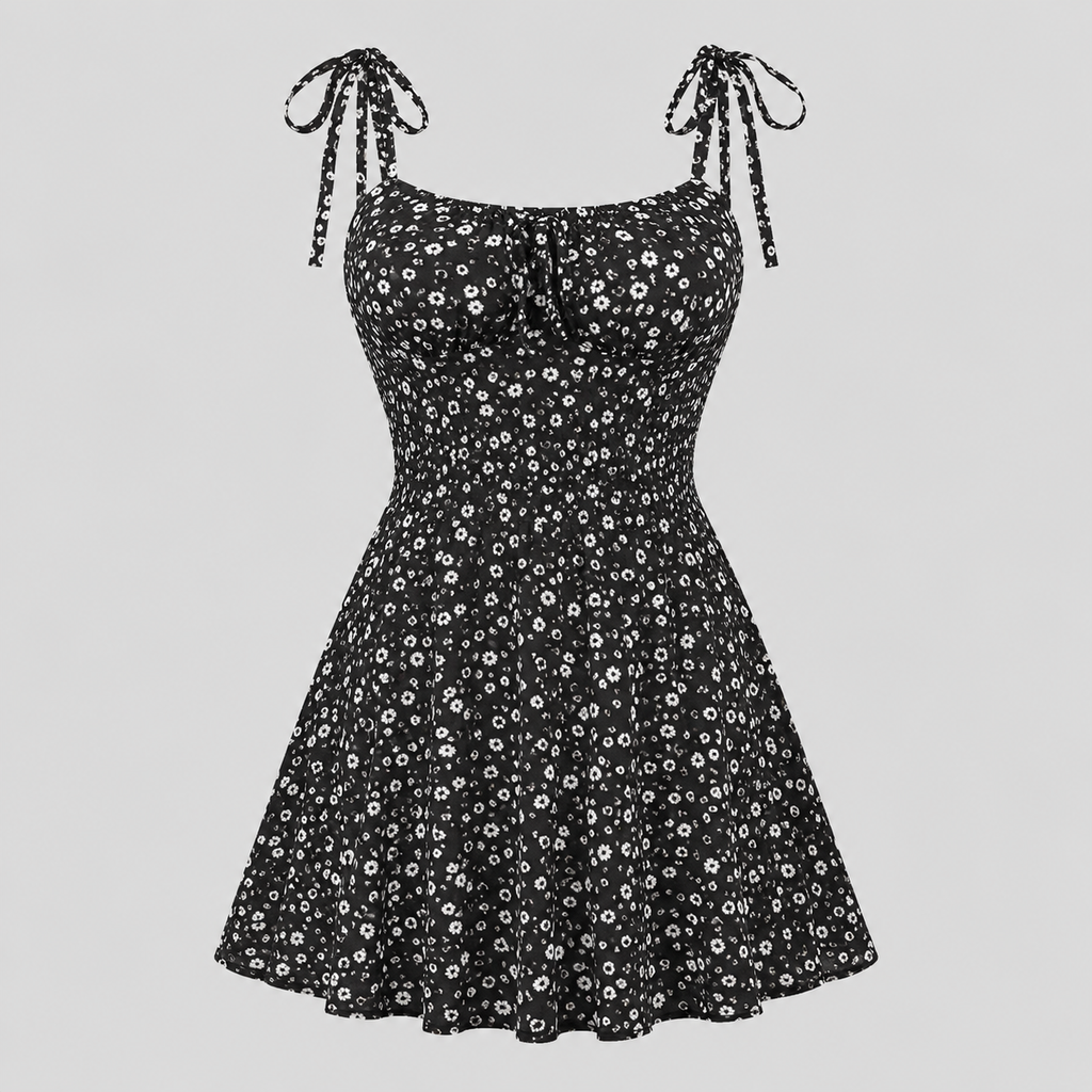 A black sleeveless fit-and-flare dress with a white daisy floral print, tie-shoulder straps, and a sweetheart neckline, shown against a solid light gray background.