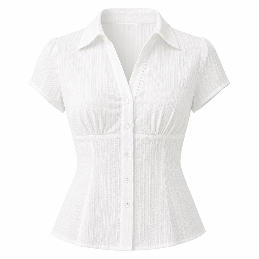 A white short-sleeve button-up blouse with a textured, crinkled fabric, featuring a pointed collar, button-down front, and a gathered peplum waist.
