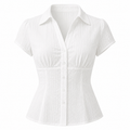 A white short-sleeve button-up blouse with a textured, crinkled fabric, featuring a pointed collar, button-down front, and a gathered peplum waist.