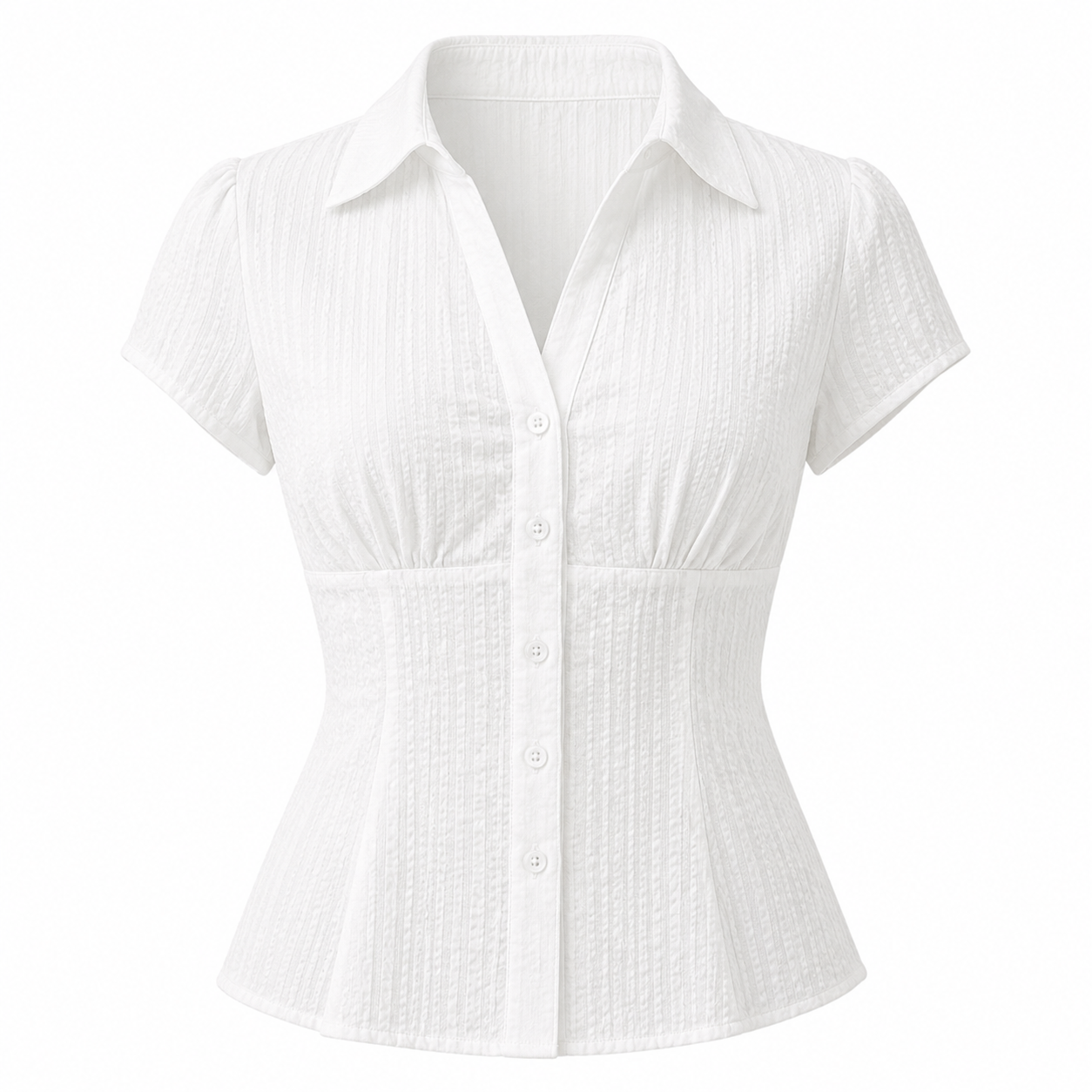 A white short-sleeve button-up blouse with a textured, crinkled fabric, featuring a pointed collar, button-down front, and a gathered peplum waist.