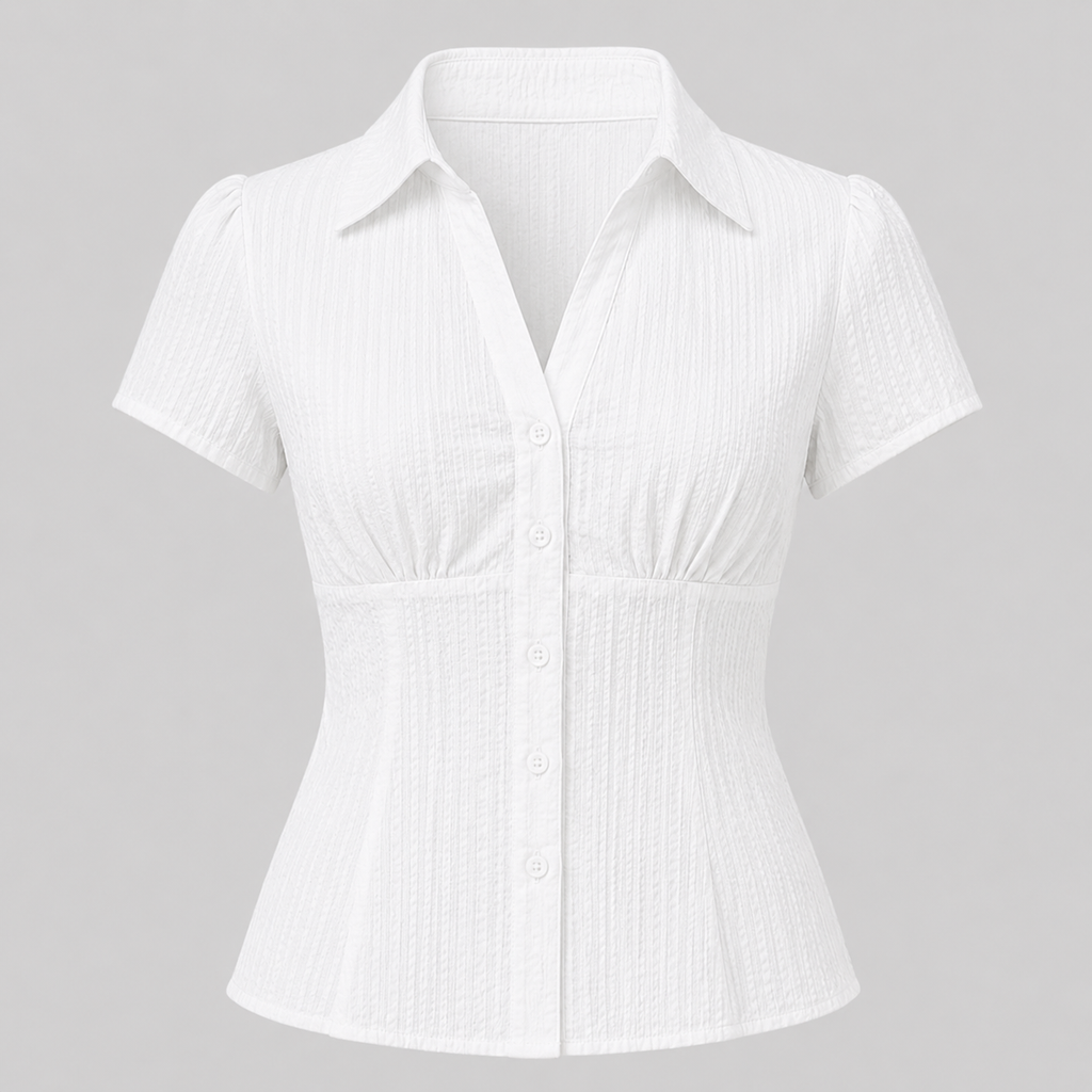 A white short-sleeve button-up blouse with a textured crinkle fabric, featuring a pointed collar, button front, and gathered waist details, shown on a neutral gray background.