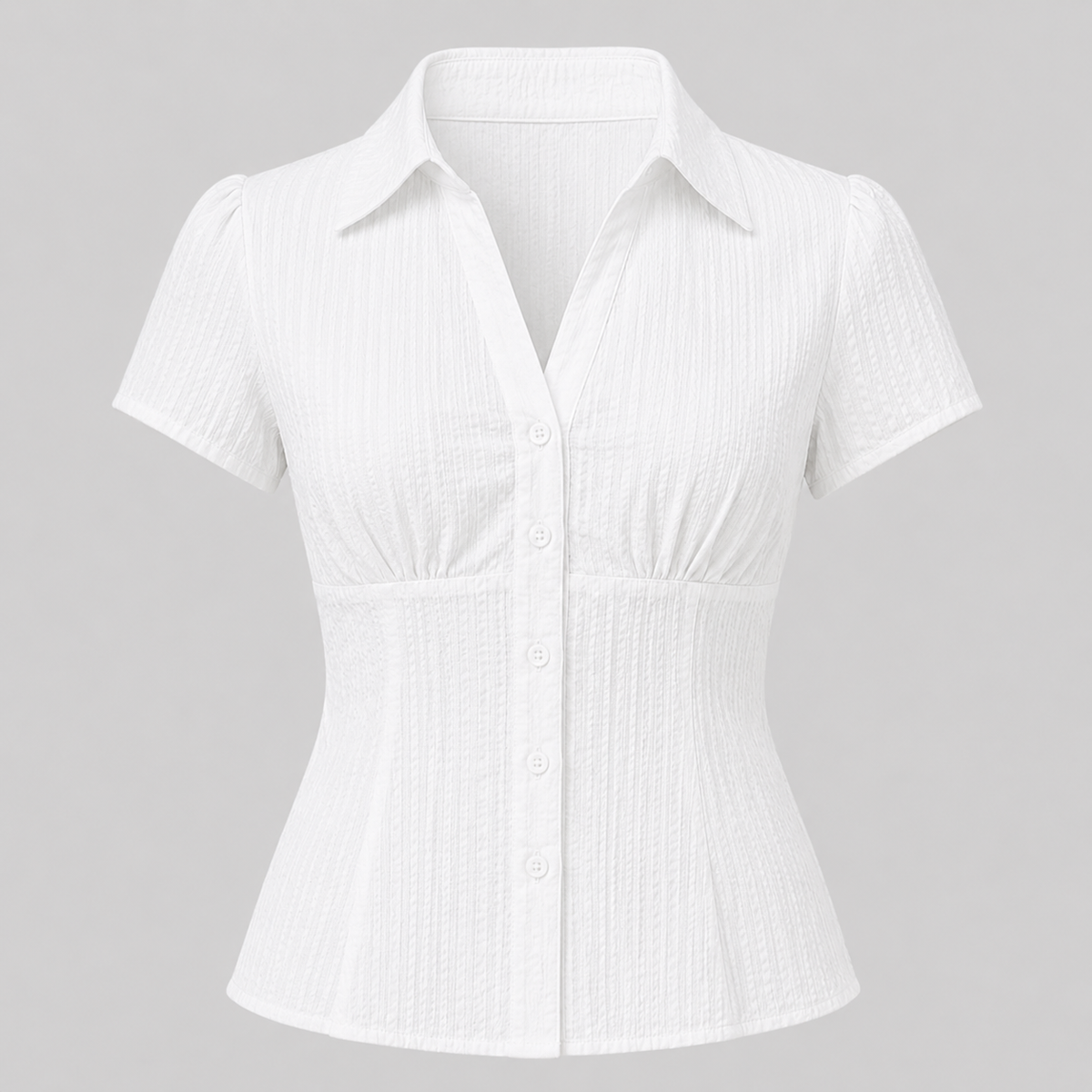 A white short-sleeve button-up blouse with a textured crinkle fabric, featuring a pointed collar, button front, and gathered waist details, shown on a neutral gray background.