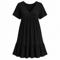 A black short-sleeve V-neck dress with a gathered waist and tiered ruffle hem, shown against a plain white background.