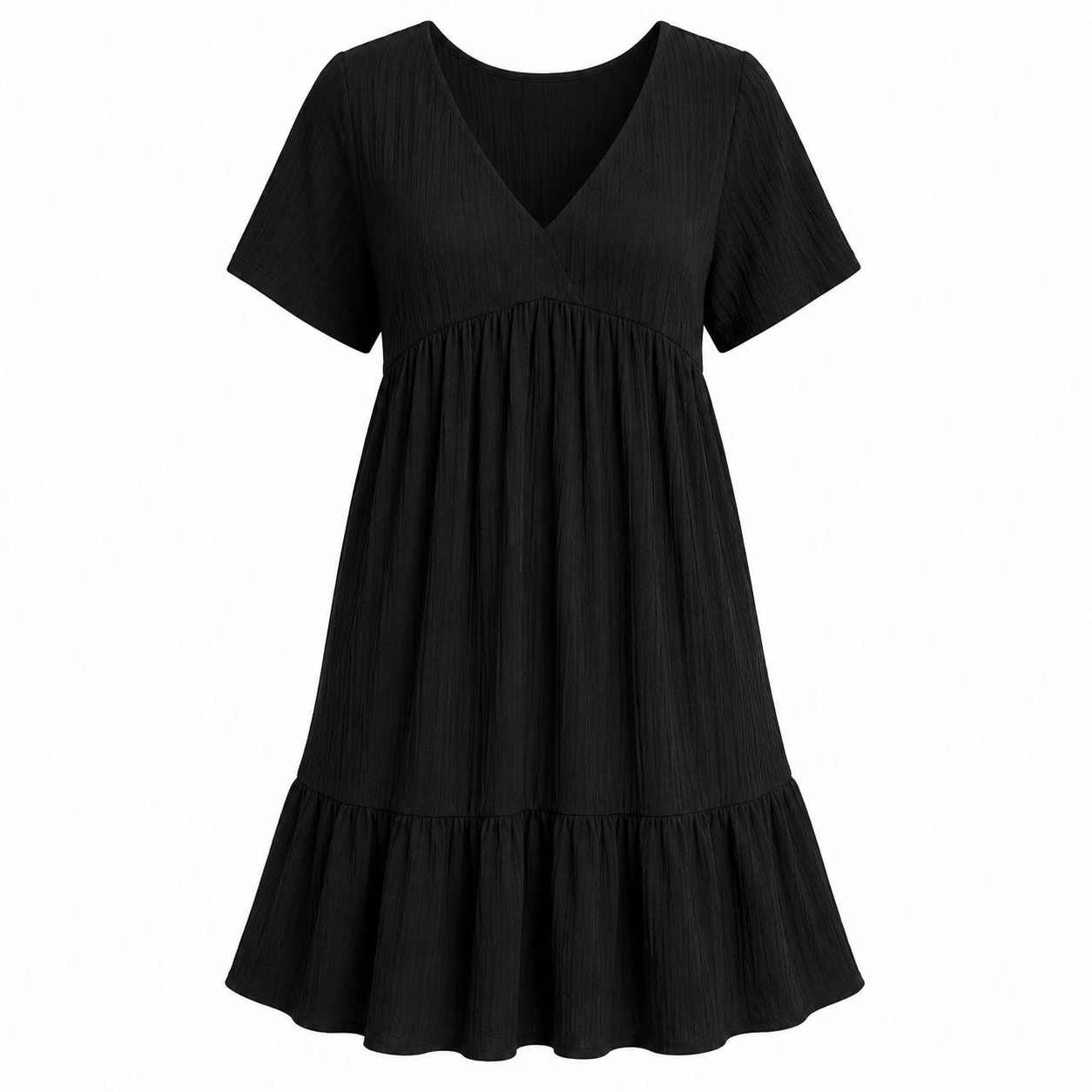 A black short-sleeve V-neck dress with a gathered waist and tiered ruffle hem, shown against a plain white background.