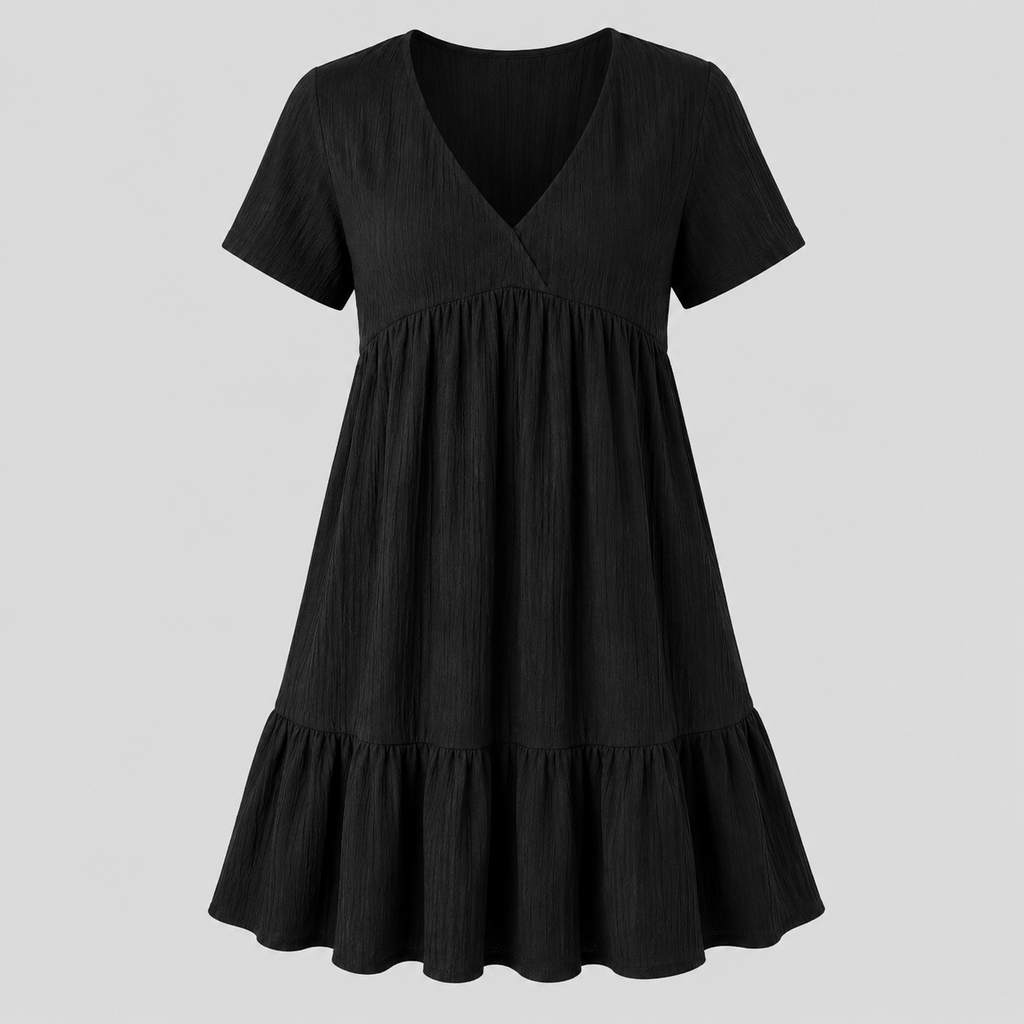 A black short-sleeve V-neck dress with a gathered waist and a flared ruffled hem, shown against a solid light gray background.