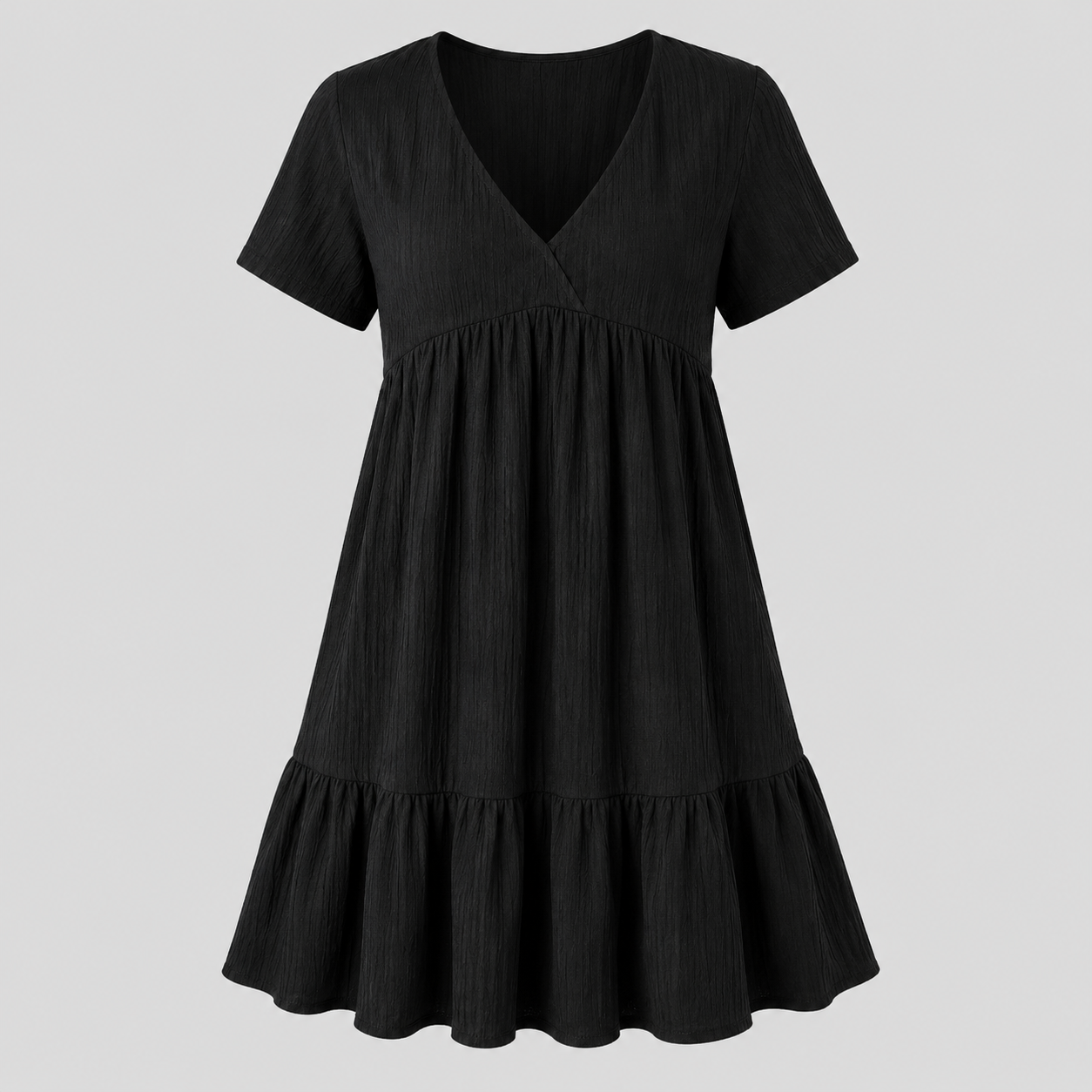 A black short-sleeve V-neck dress with a gathered waist and a flared ruffled hem, shown against a solid light gray background.