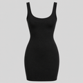 A black sleeveless bodycon mini dress with a scoop neckline, shown on a plain light gray background.