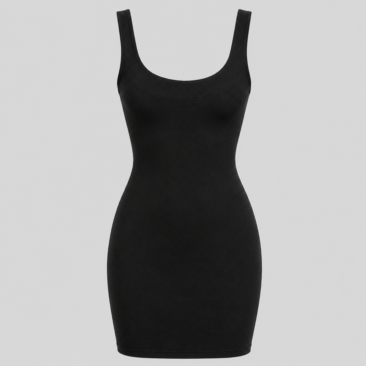 A black sleeveless bodycon mini dress with a scoop neckline, shown on a plain light gray background.
