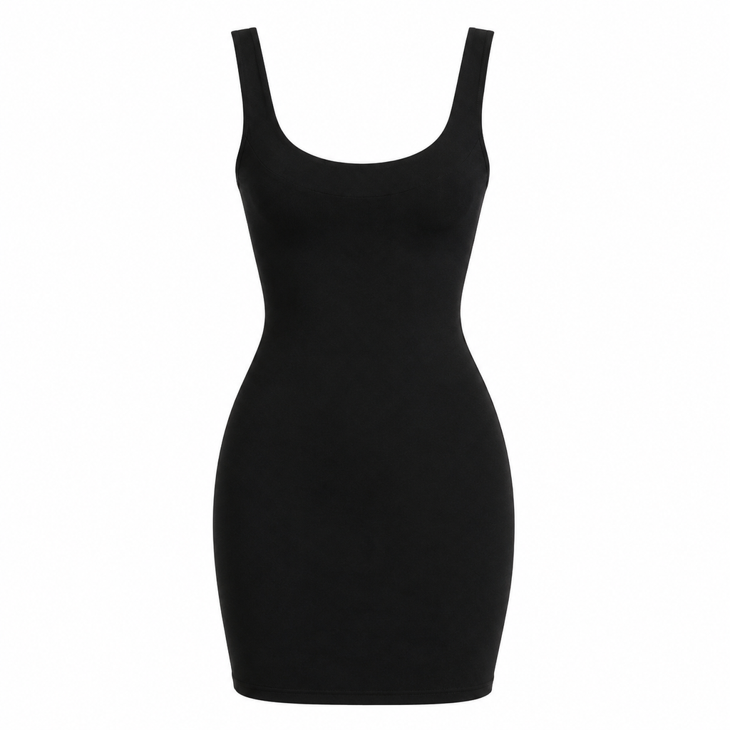 A black sleeveless bodycon mini dress with a scoop neckline and wide shoulder straps, shown on a plain white background.