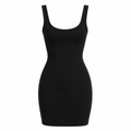 A black sleeveless bodycon mini dress with a scoop neckline and wide shoulder straps, shown on a plain white background.