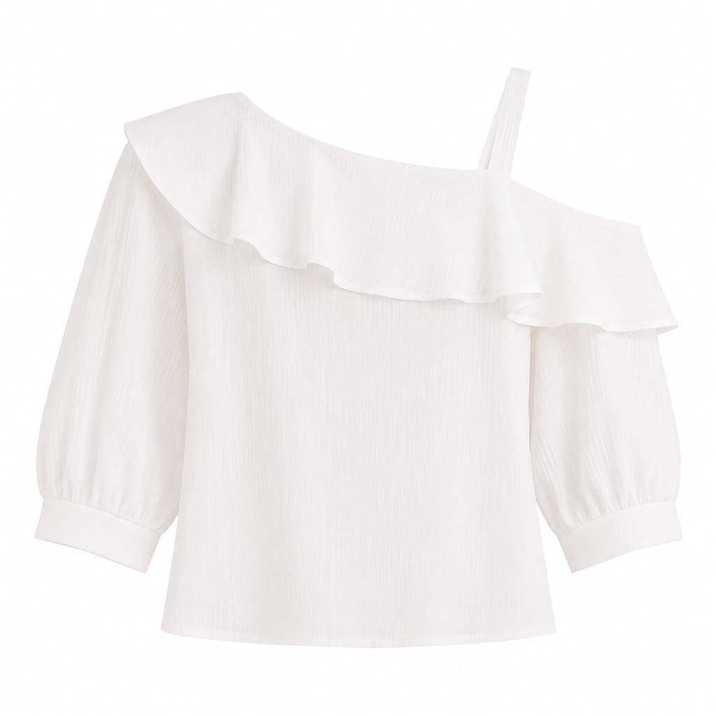 White cold-shoulder blouse with a large ruffled collar, long balloon sleeves, and a thin shoulder strap, shown on a plain white background.