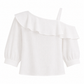 White cold-shoulder blouse with a large ruffled collar, long balloon sleeves, and a thin shoulder strap, shown on a plain white background.