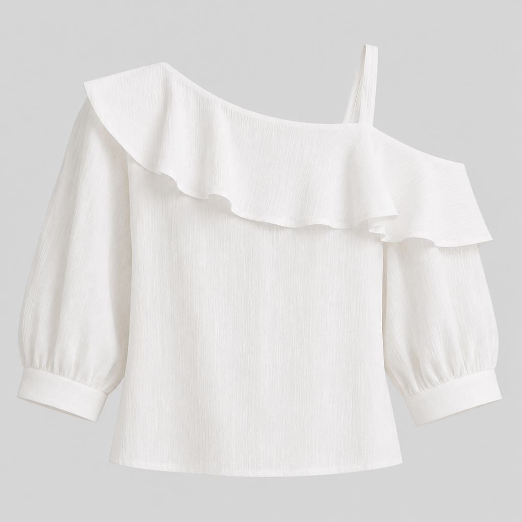 White cold-shoulder blouse with a wide ruffled neckline, long puff sleeves, and a thin shoulder strap, shown on a light gray background.